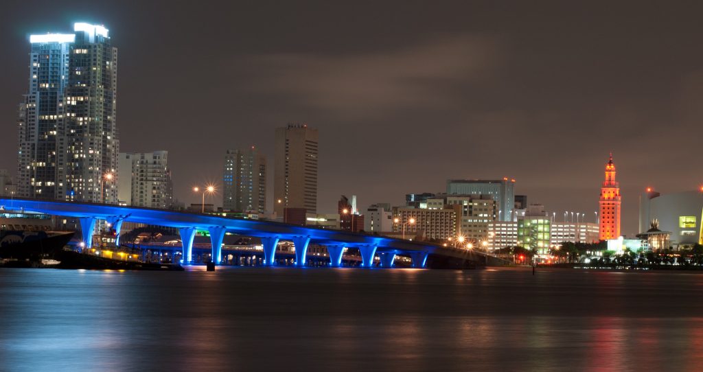 Miami skyline at night, Miami, FL I Outdoorsy RV Rental Marketplace