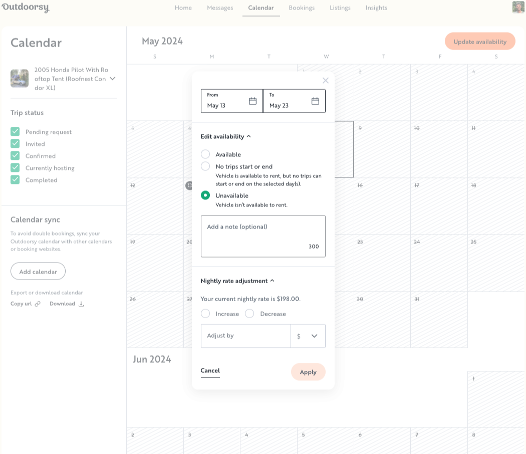 New Host Tools Deep Dive Calendar Tool Outdoorsy