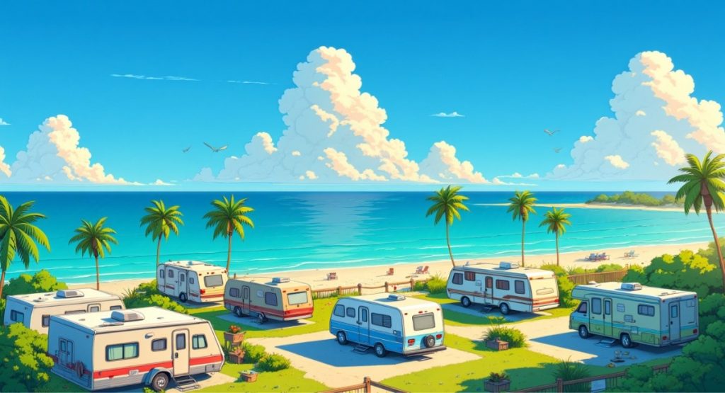 RVs and travel trailers parked at a beachfront campground in Florida