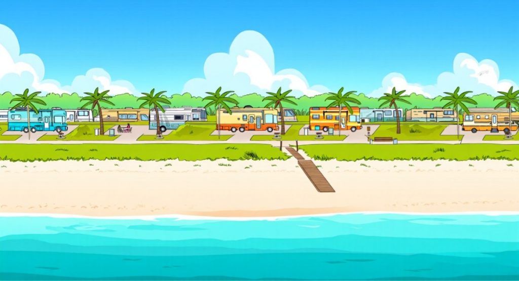 A row of colorful RVs and motorhomes at a Florida beachfront RV park