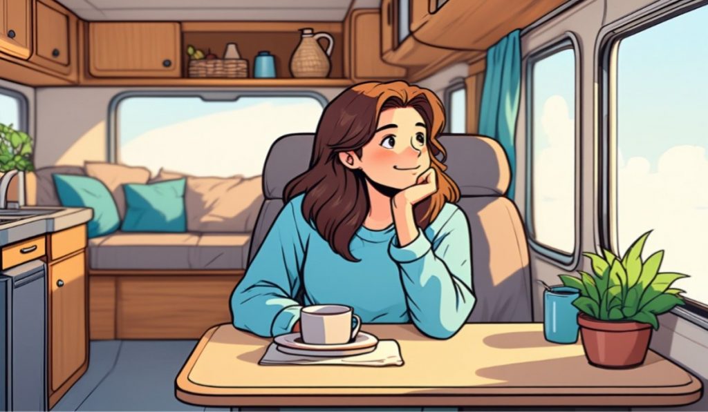 A woman relaxing with a cup of coffee at the dinette table inside a cozy RV