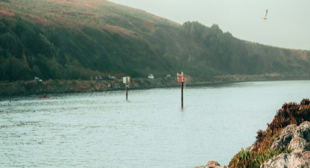 Misty view of the coastal entrance to Bodega Harbour at Doran Regional Park