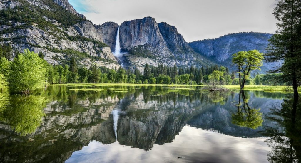 Yosemite Falls cascading down granite cliffs in Yosemite National Park