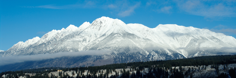 Camping in Cranbrook. Snow capped mountains near Cranbrook BC